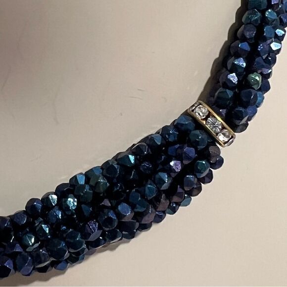 Vintage Iridescent‎ Blue Beaded Diamondesque Rope Choker Necklace - Picture 10 of 11